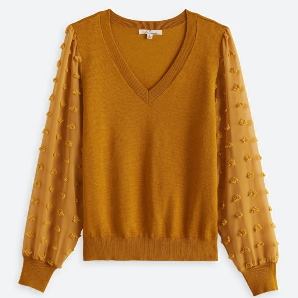 Elegant Light Brown Sweater with Textured Sheer Sleeves